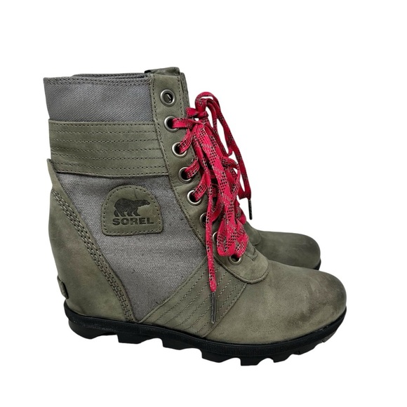 Sorel Lexie Leather Distressed Wedge Waterproof Boots Size 7.5 Grey Olive Green - Picture 1 of 15